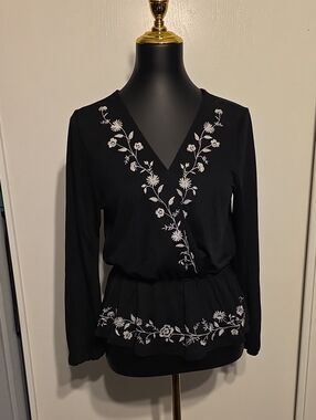 Blue Rain Black V‑Neck Embroidered Peplum Top
